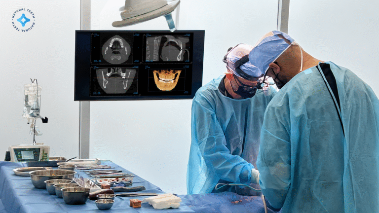 Oral surgeon discussing a digital 3D implant plan with a patient at a modern dental implant center.