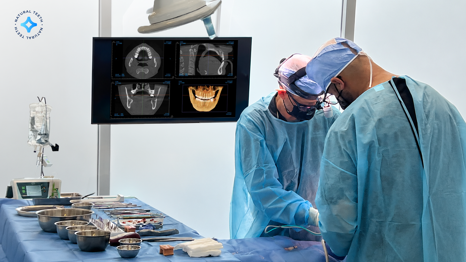 Oral surgeon discussing a digital 3D implant plan with a patient at a modern dental implant center.