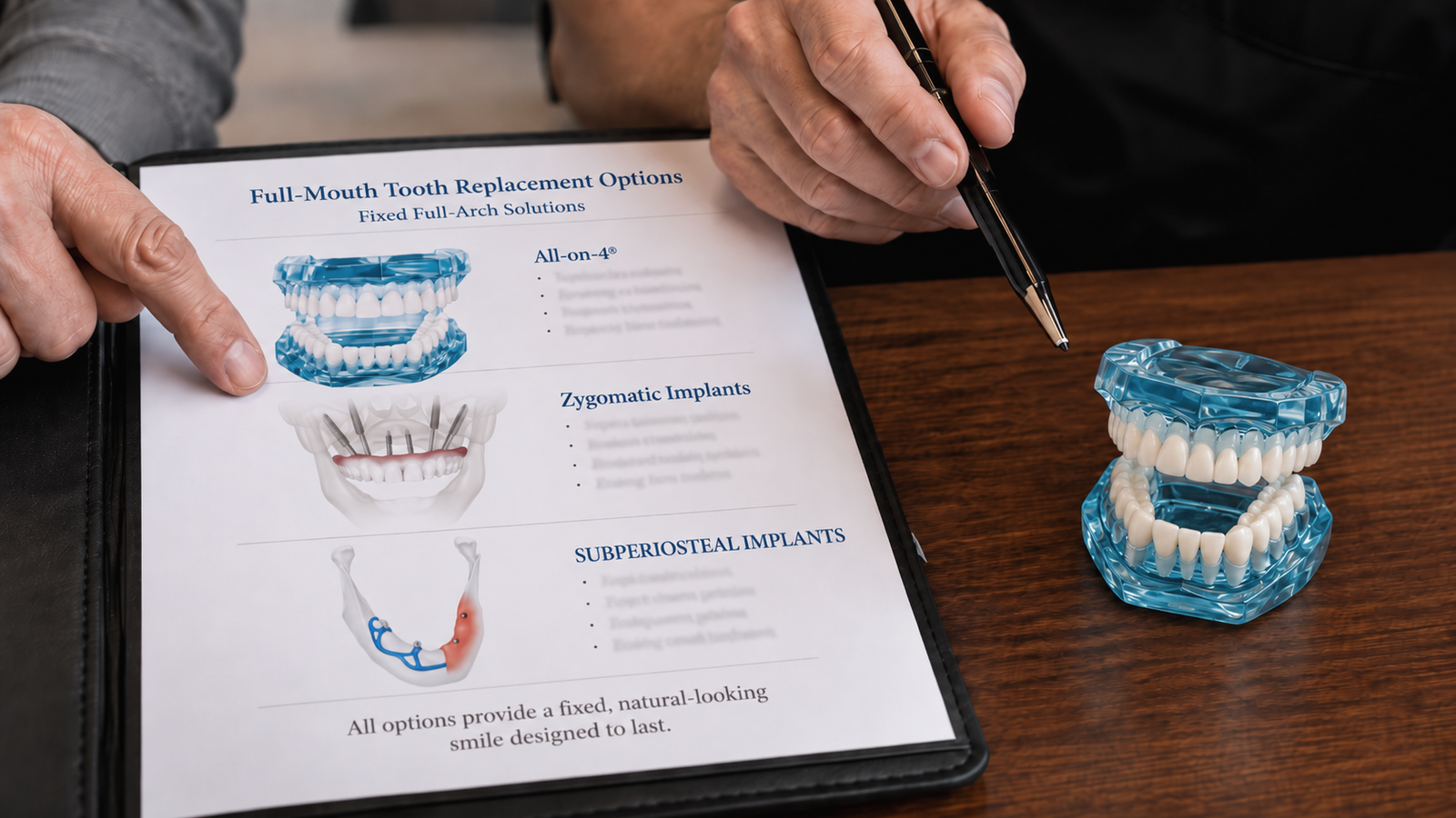 Dental implant treatment plan being reviewed with a Full-Arch model in Jacksonville.