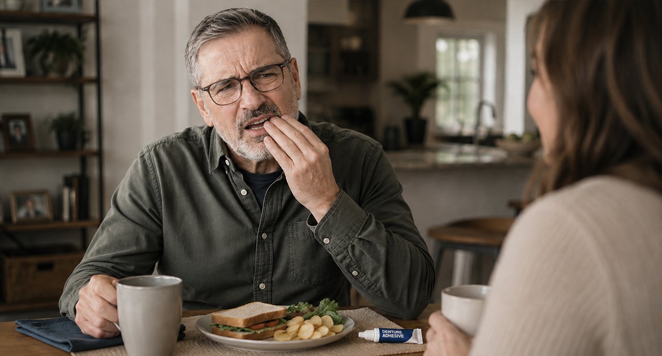 Patient adjusting removable dentures while eating or speaking because they no longer feel stable.