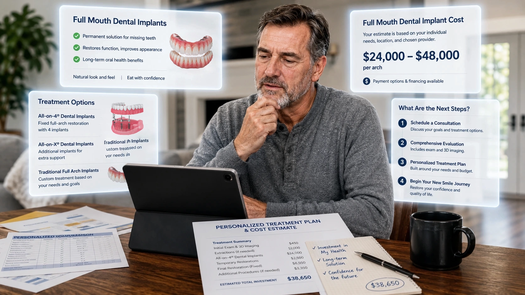 Patient researching dental implant options at home in Jacksonville.