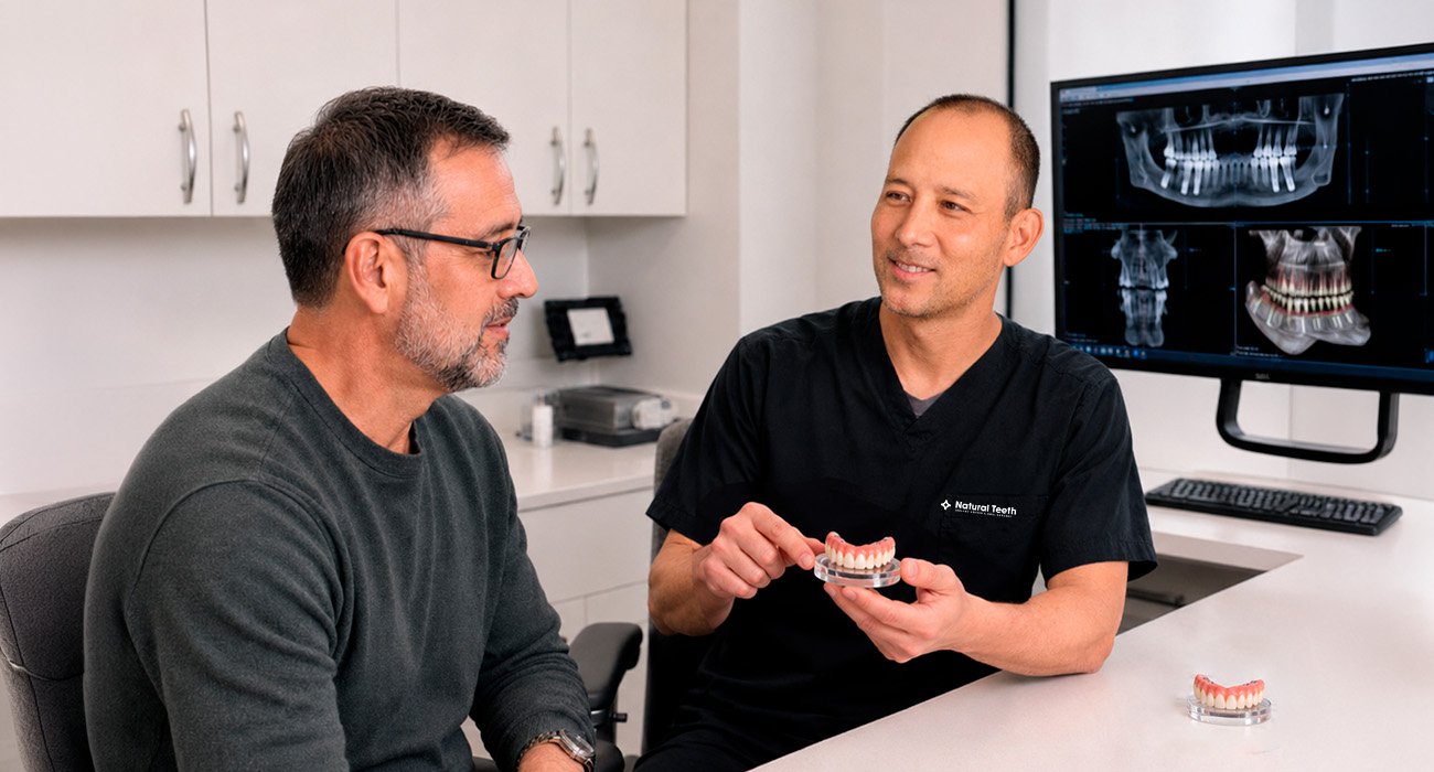 Patient reviewing a full-arch implant model and CBCT images while learning about a fixed implant option.