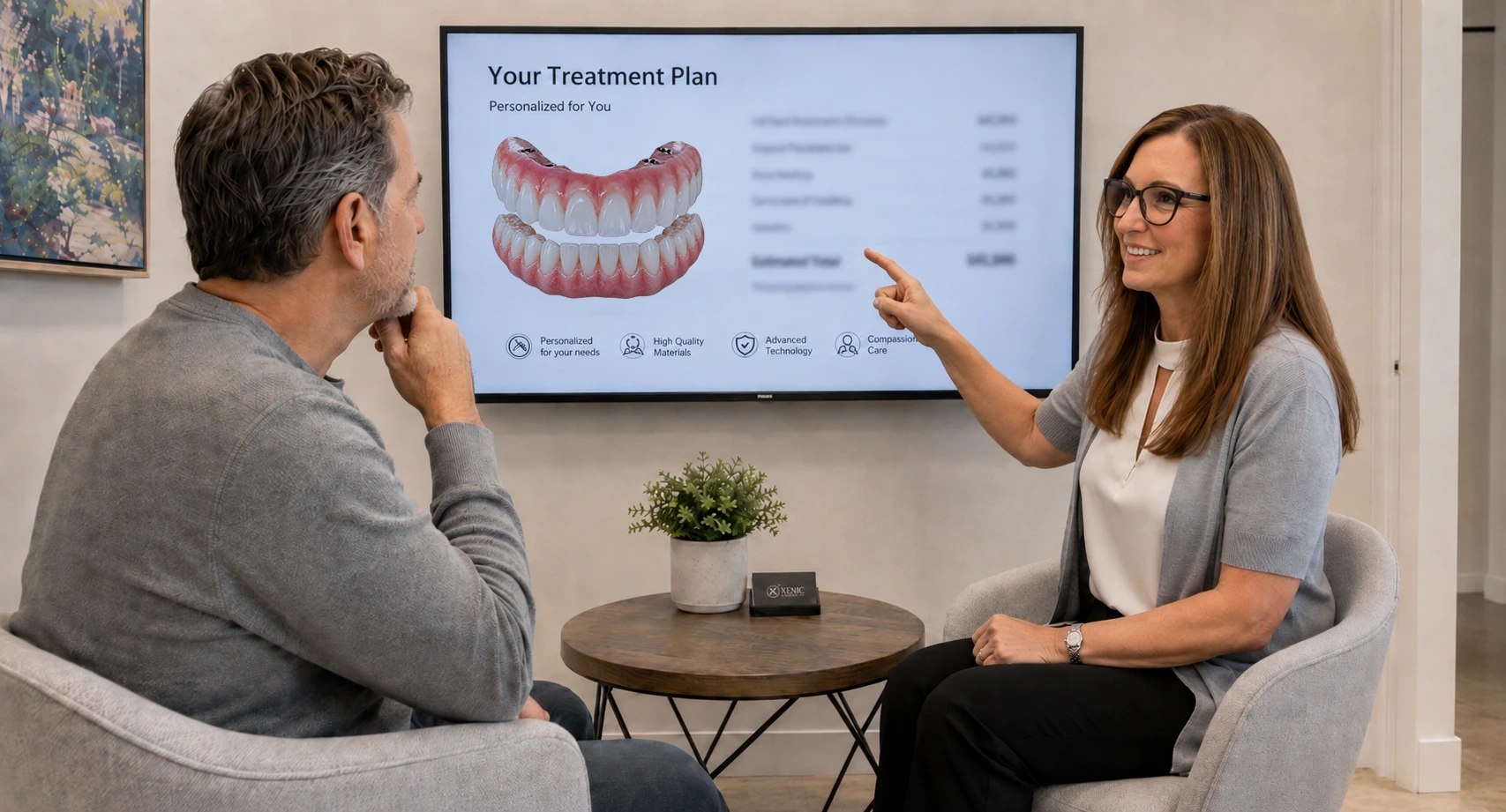 Patient reviewing a personalized Full Mouth dental implant treatment plan and cost breakdown in Jacksonville