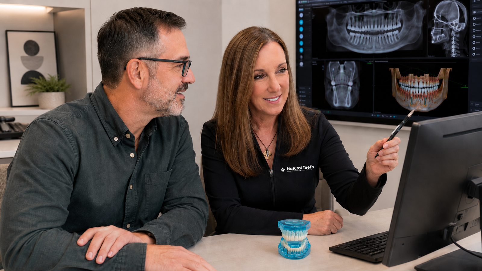 Patient viewing a full-arch restoration model during treatment planning for a fixed implant-supported option