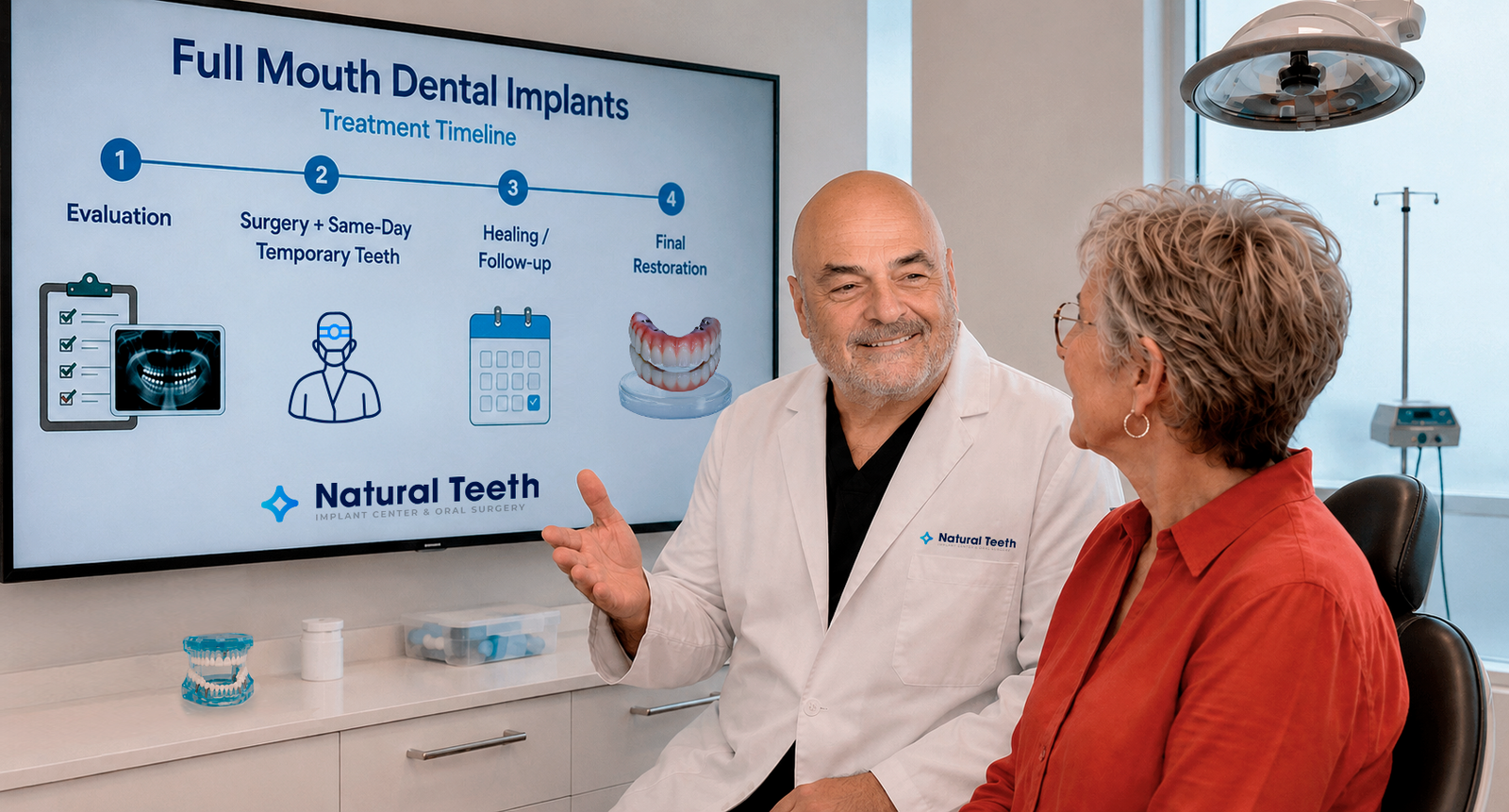 Doctor explaining Full Mouth Dental Implants treatment stages to a patient in Jacksonville.