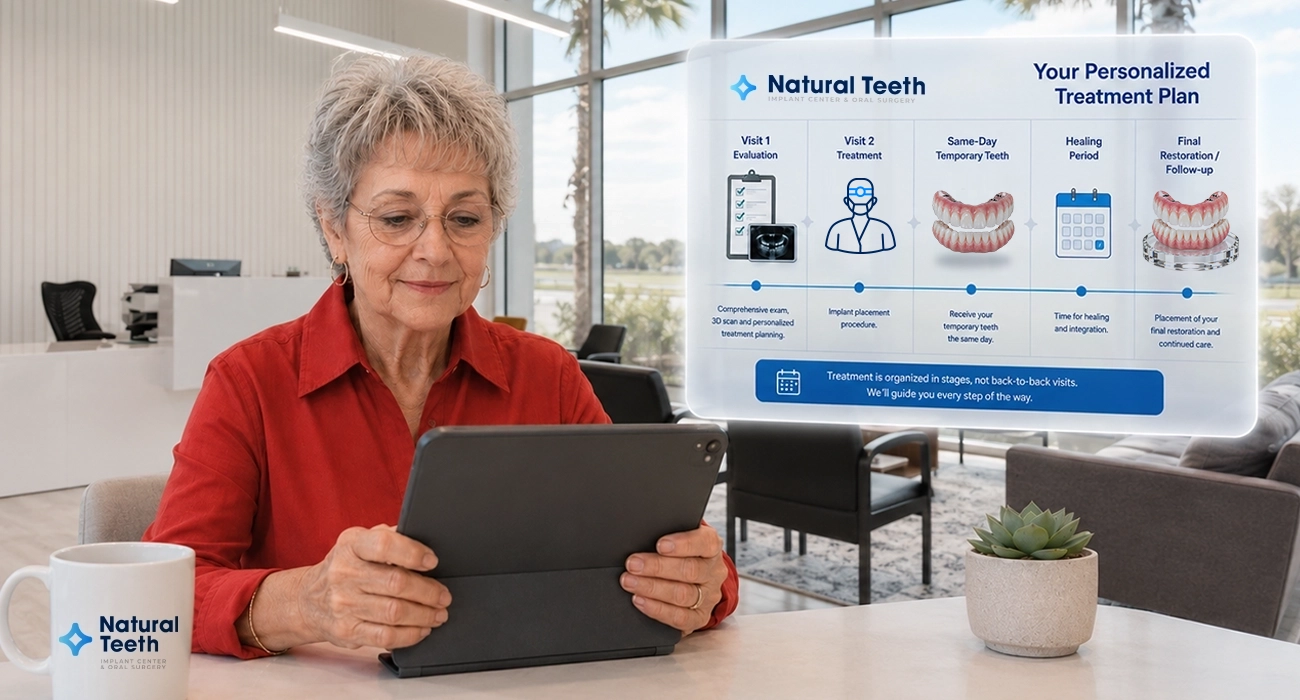 Patient reviewing Full Mouth Dental Implants visits and restoration timeline in Jacksonville.